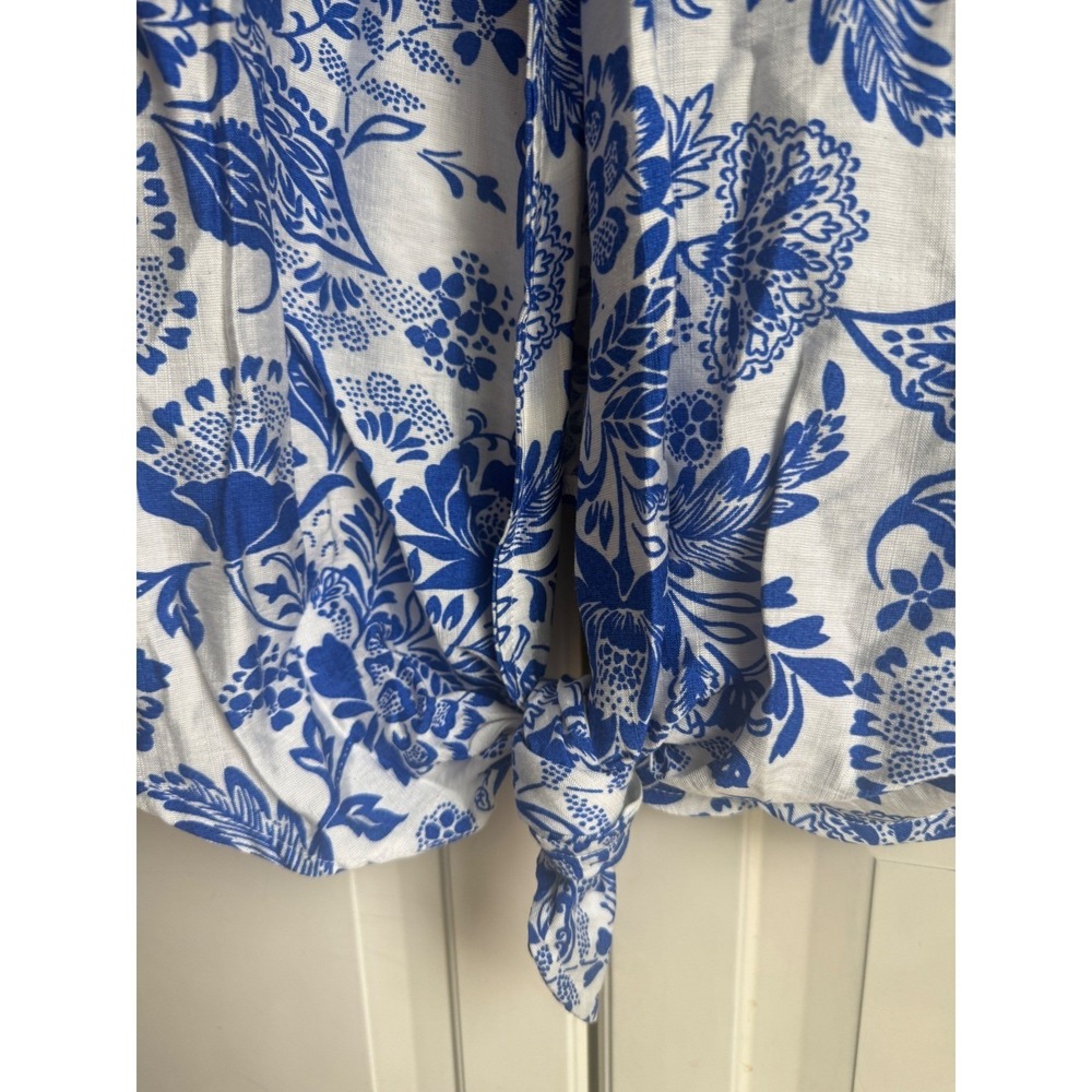 Calessa Blue White Floral Chintz Tie Front Button Shirt SM25B10 Womens Large NEW - Picture 9 of 10